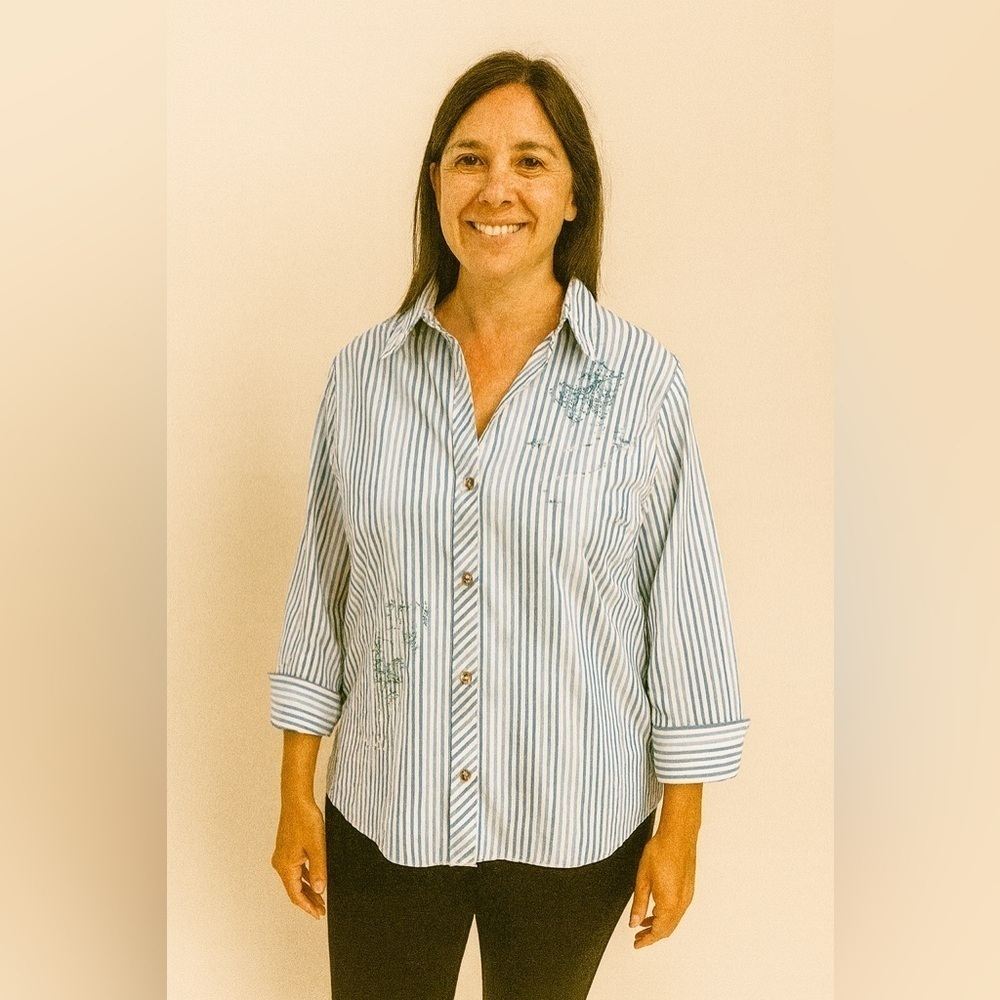 Alfred Dunner Blue Striped and Embellished Button-Down Shirt Size 14P